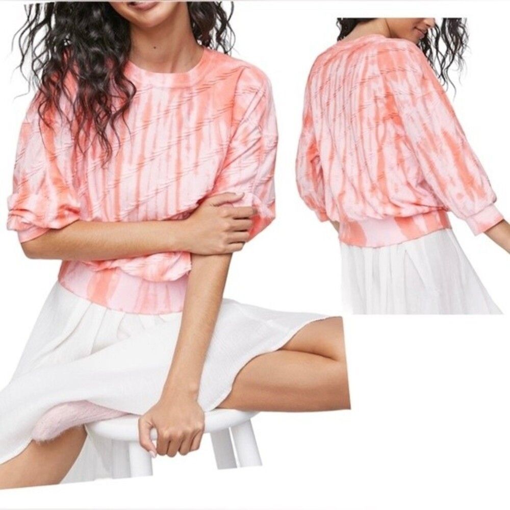 Saturday Sunday By Anthropologie Top MP Sandy Puffed Sleeve Tie Dye Coral Pink
